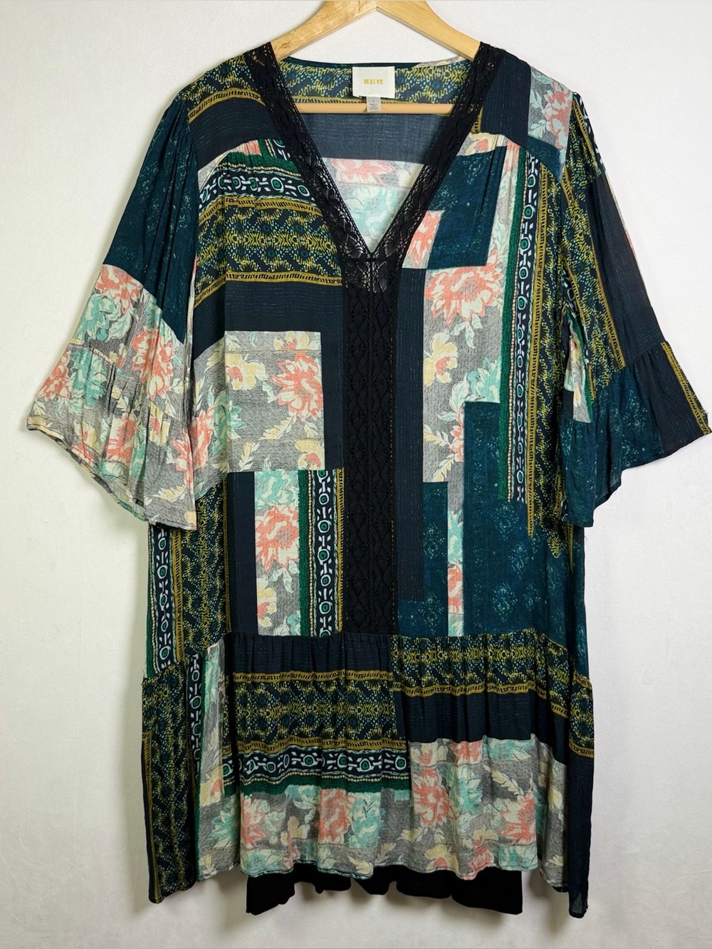 Maeve Anthropologie L Patchwork Floral Dress Lace Bell Sleeve Boho Whimsigoth - Picture 2 of 9
